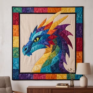 Può includere: Una trapunta da parete quadrata con un'applicazione centrale di una testa di drago di profilo. Il drago è realizzato con pezzi di tessuto batik multicolore nelle tonalità del blu, viola, rosso, arancione e giallo, con un occhio giallo vivo.