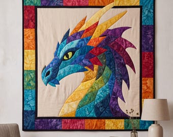 Mönster för drakquilt, applikations- och collagequilt, mönster för djurquilt i PDF-format, väggbonad med lapptäcke, mall för folkkonstdrake