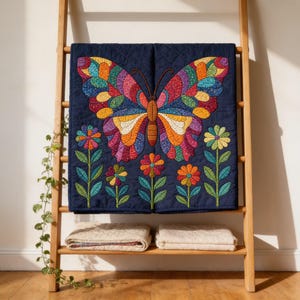 Butterfly Garden Quilt Pattern, Raw Edge Fusible Applique PDF, Folk Art Animal Quilt, Patchwork Wall Hanging Template image 10