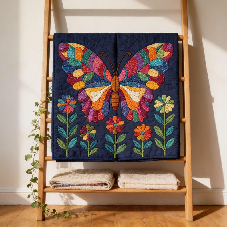Butterfly Garden Quilt Pattern, Raw Edge Fusible Applique PDF, Folk Art Animal Quilt, Patchwork Wall Hanging Template image 10