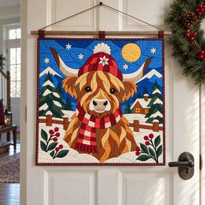 Modello per trapunta natalizia con mucca delle Highlands, trapunta con applicazioni e collage, modello PDF per trapunta con animali, arazzo patchwork, arte popolare immagine 19