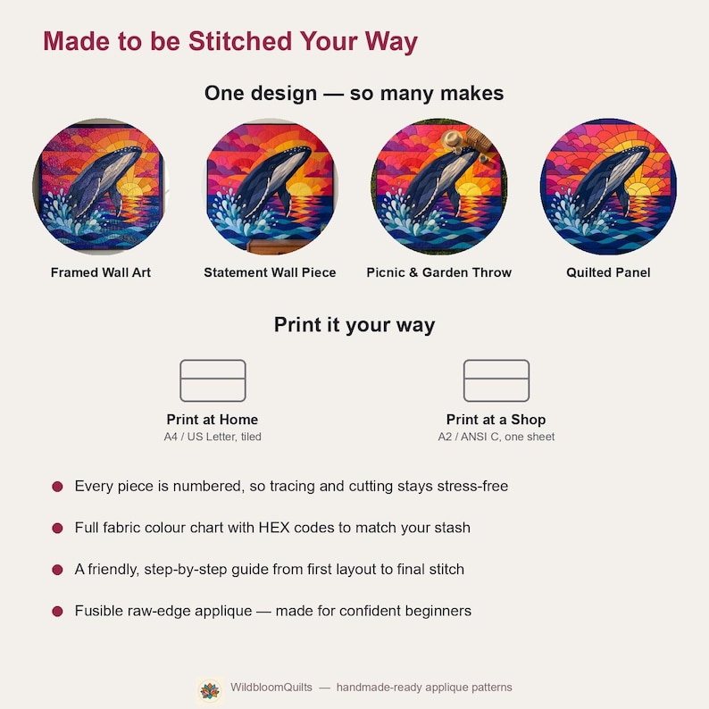 Humpback Whale Quilt Pattern, Raw Edge Fusible Applique PDF, Ocean Animal Quilt Pattern, Patchwork Wall Hanging, Folk Art Quilt Template image 13