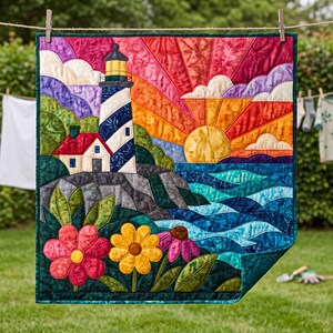 Lighthouse Sunrise Quilt Pattern, Raw Edge Fusible Applique PDF, Coastal Quilt Pattern, Patchwork Wall Hanging, Folk Art Quilt Template image 10