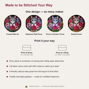Cat with Roses Quilt Pattern, Cat Wall Hanging Quilt Pattern PDF, Floral Applique Quilt Pattern, Raw Edge Fusible Applique image 10