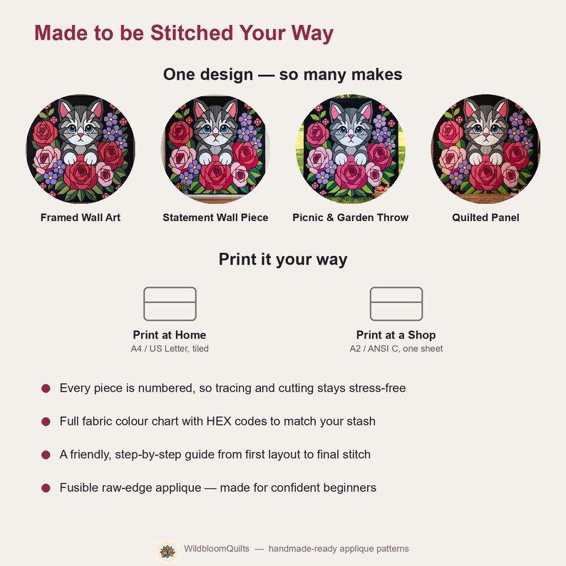 Cat with Roses Quilt Pattern, Cat Wall Hanging Quilt Pattern PDF, Floral Applique Quilt Pattern, Raw Edge Fusible Applique image 10