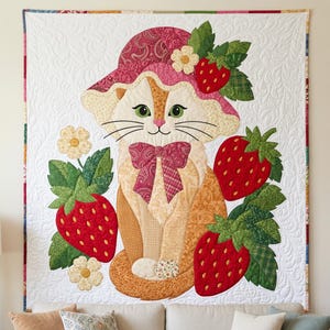 Strawberry Cat Quilt Pattern, Raw Edge Fusible Applique, Cat Quilt Pattern PDF, Patchwork Wall Hanging, Folk Art Quilt Template image 11
