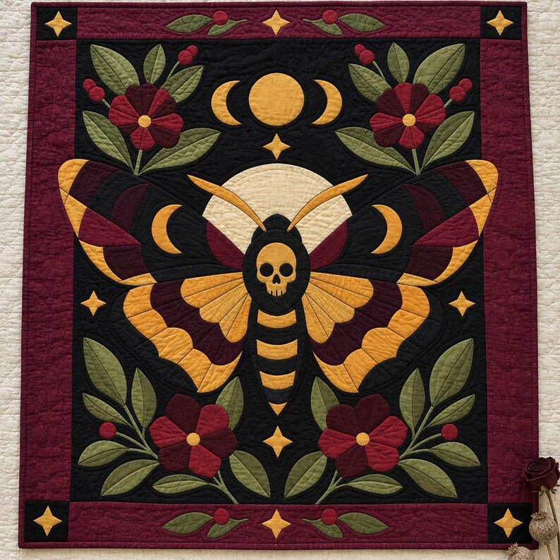 Death's Head Moth Quilt Pattern, Applique & Collage Quilt, Gothic Moth PDF Pattern, Patchwork Wall Hanging, Folk Art Quilt Template image 13