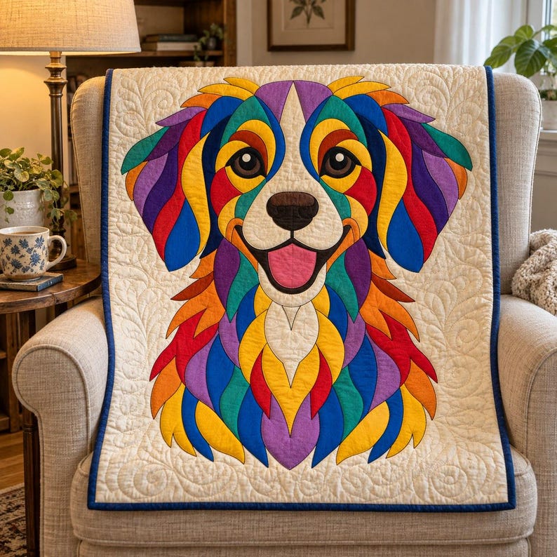 Patrón de edredón de perro Rainbow Retriever, edredón con apliques y collage, patrón de edredón de animales en PDF, tapiz de pared de patchwork, plantilla de perro de arte popular imagen 5