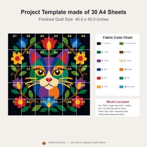 Cat Quilt Pattern, Floral Cat Wall Hanging Quilt Pattern PDF, Easy Applique Quilt for Beginners, Cat Lover Gift, Raw Edge Fusible Applique image 16
