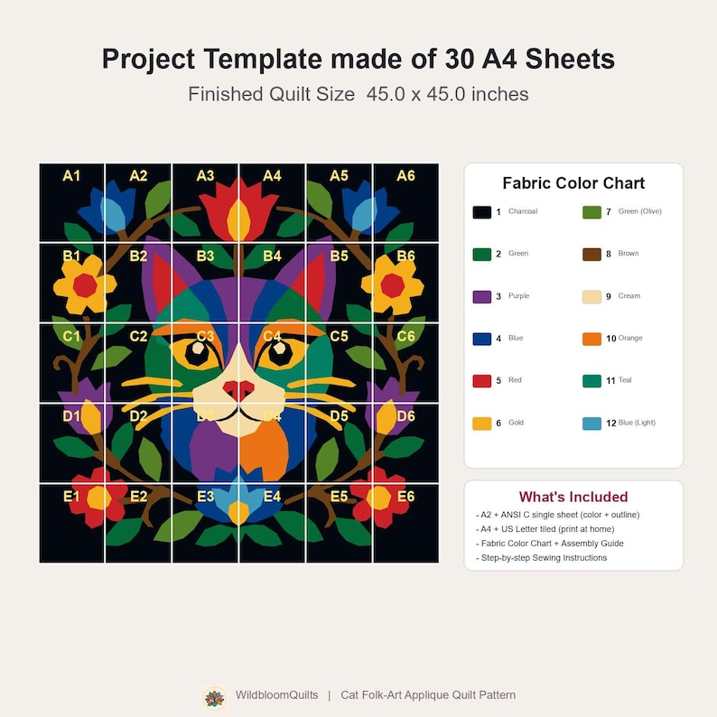 Cat Quilt Pattern, Floral Cat Wall Hanging Quilt Pattern PDF, Easy Applique Quilt for Beginners, Cat Lover Gift, Raw Edge Fusible Applique image 16