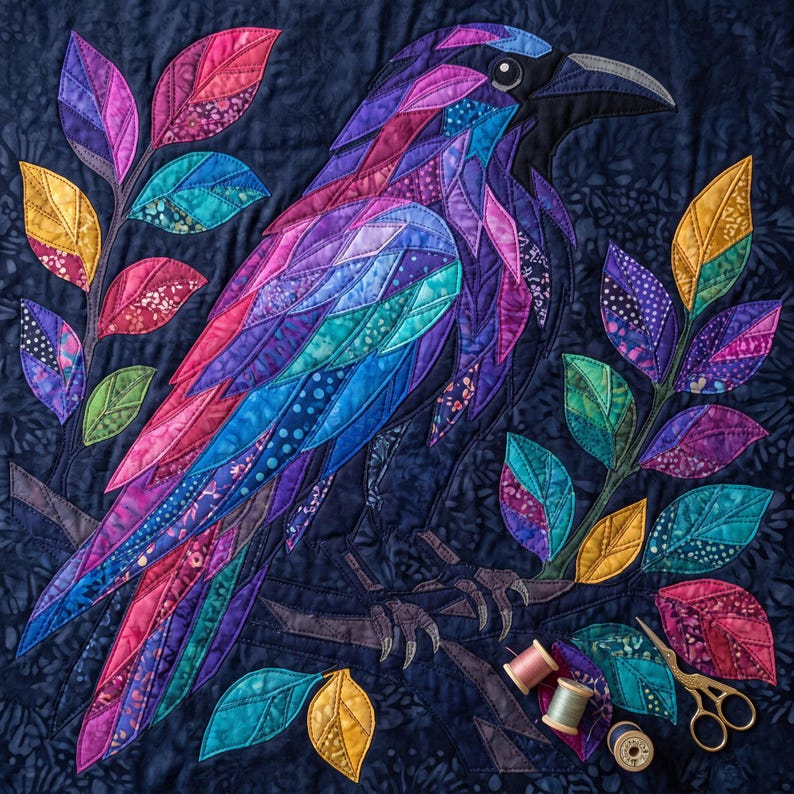 Modèle de courtepointe Corbeau, Appliqué thermocollant à bords francs (PDF), Modèle de courtepointe Oiseau, Décoration murale patchwork, Gabarit de courtepointe animal d'art populaire image 3