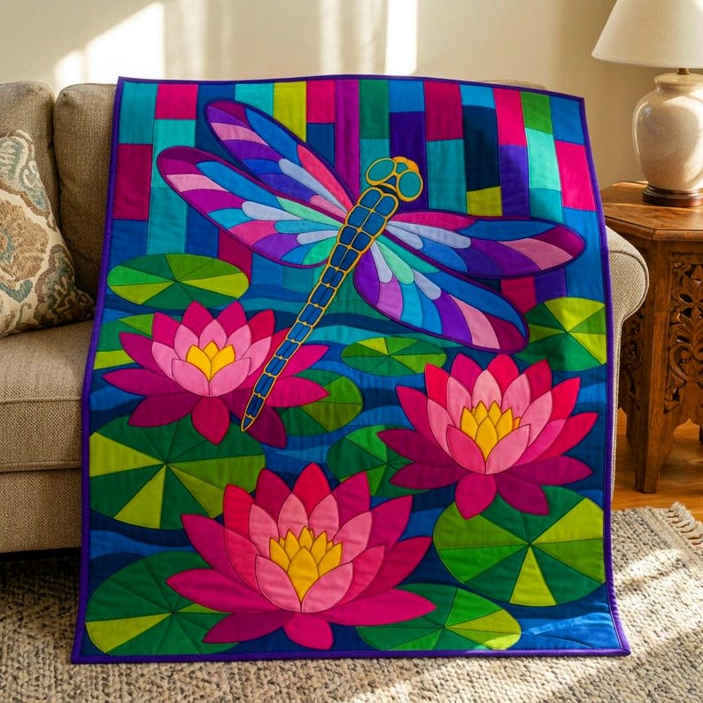 Dragonfly Waterlily Quilt Pattern, Raw Edge Fusible Applique PDF, Pond Folk Art Quilt Template, Patchwork Wall Hanging, Animal Quilt Pattern image 7