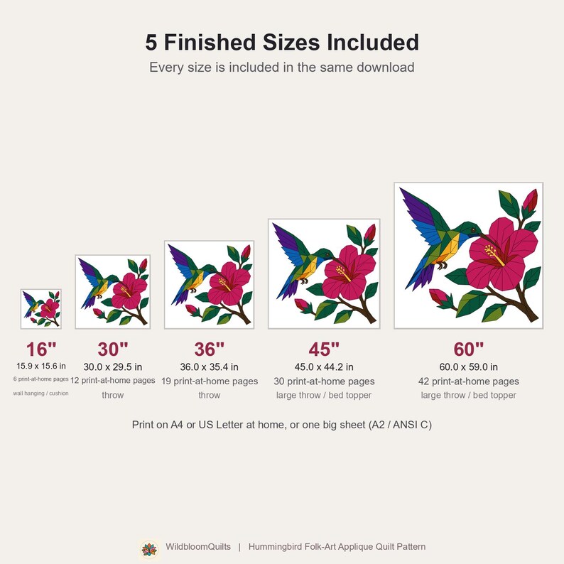 Hummingbird Quilt Pattern, Raw Edge Fusible Applique PDF, Tropical Bird Quilt Pattern, Hibiscus Patchwork Wall Hanging image 3