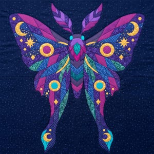 Amethyst Moth Quilt Pattern, Raw Edge Fusible Applique PDF, Celestial Moth Pattern, Patchwork Wall Hanging, Folk Art Quilt Template image 5