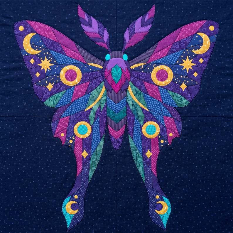 Amethyst Moth Quilt Pattern, Raw Edge Fusible Applique PDF, Celestial Moth Pattern, Patchwork Wall Hanging, Folk Art Quilt Template image 5