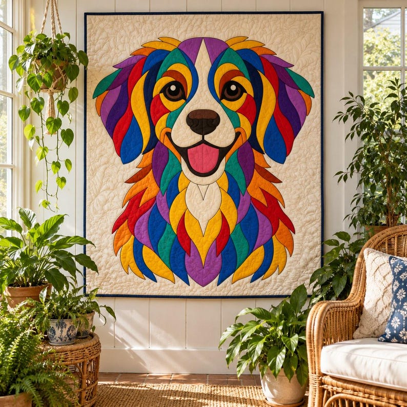Patrón de edredón de perro Rainbow Retriever, edredón con apliques y collage, patrón de edredón de animales en PDF, tapiz de pared de patchwork, plantilla de perro de arte popular imagen 7