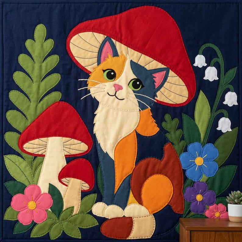 猫とキノコのキルトパターン、切りっぱなしの接着芯アップリケPDF、キャリコ猫キルトパターン、パッチワーク壁掛け、フォークアートキルトテンプレート 画像 7