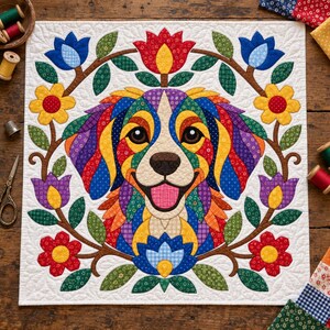 Patrón de edredón Perro Arcoíris, Edredón con apliques y collage, Patrón de edredón de animales en PDF, Tapiz de pared de patchwork, Plantilla de perro de arte popular imagen 15