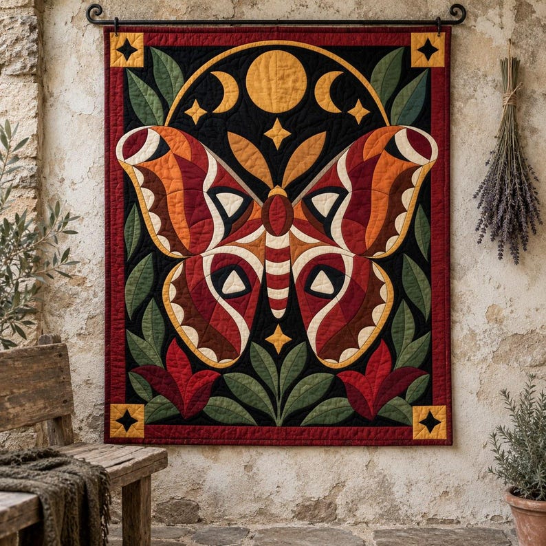 Atlas Moth Quilt Pattern, Applique & Collage Quilt PDF, Moon Phase Quilt Pattern, Folk Art Wall Hanging, Botanical Patchwork Template image 12
