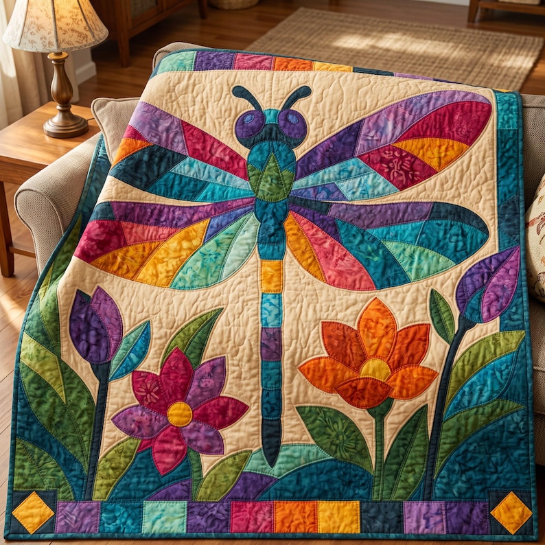 Mönster för trollslända-quilt, applikation med smältbara kanter, quiltmönster i PDF-format, väggbonad med lapptäcke, mall för quilt med folkkonst bild 5