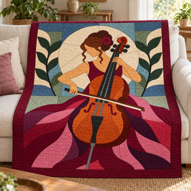 Quiltmuster für Cellisten, Applikations- und Collage-Quilt, Quiltmuster für Musikliebhaber (PDF), Patchwork-Wandbehang, Quiltvorlage im Stil der Volkskunst Bild 10