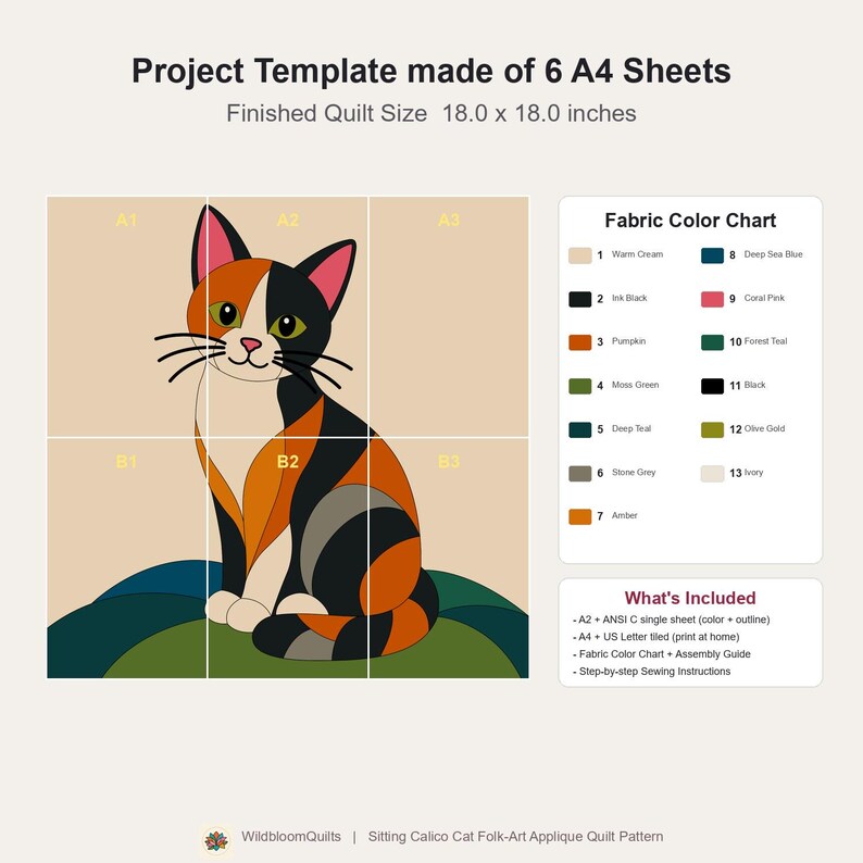 Calico Cat Quilt Pattern, Applique & Collage Quilt, Cat Quilt Pattern PDF, Patchwork Wall Hanging, Folk Art Quilt Template image 15