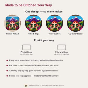 Mushroom Mountain Quilt Pattern, Raw Edge Fusible Applique, Toadstool Quilt Pattern PDF, Patchwork Wall Hanging, Folk Art Quilt Template image 9
