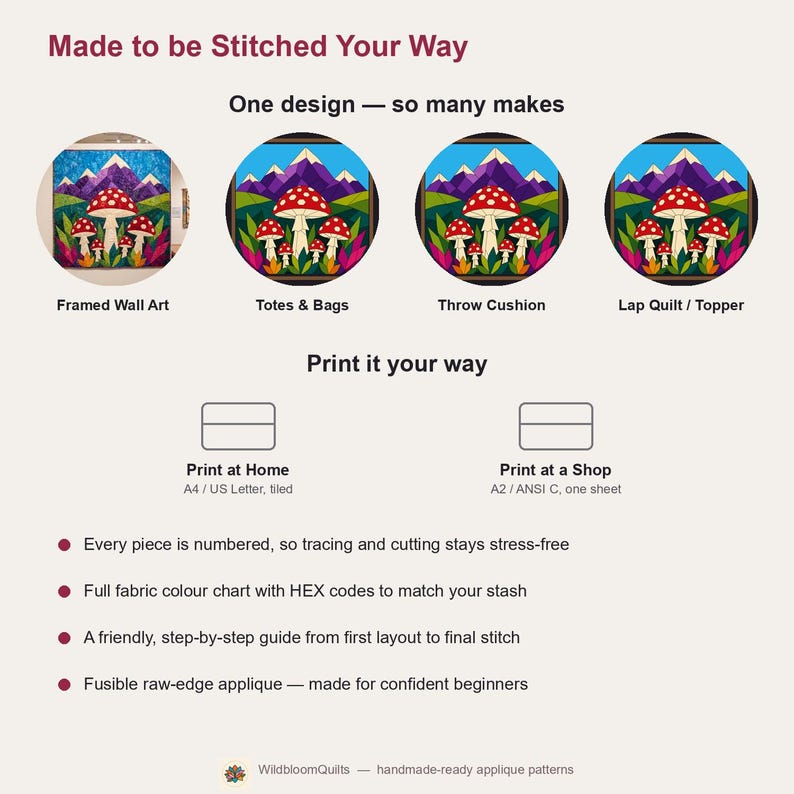 Mushroom Mountain Quilt Pattern, Raw Edge Fusible Applique, Toadstool Quilt Pattern PDF, Patchwork Wall Hanging, Folk Art Quilt Template image 9