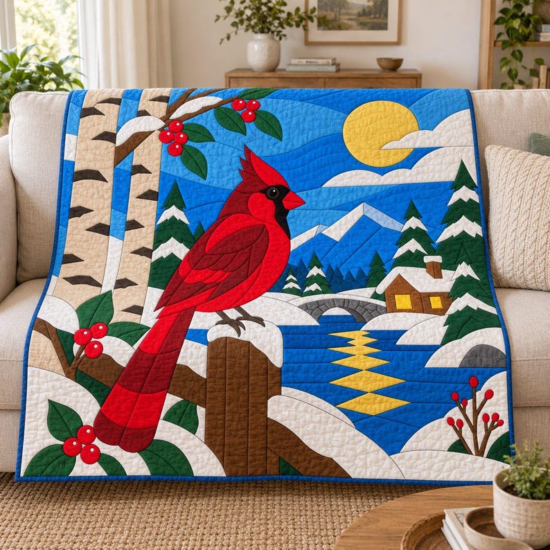 Quiltmuster „Winterkardinal“, Applikations- und Collage-Quilt, Vogel-Quiltmuster (PDF), Patchwork-Wandbehang, Quiltvorlage im Stil der Volkskunst Bild 11