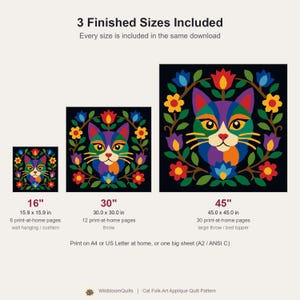 Cat Quilt Pattern, Floral Cat Wall Hanging Quilt Pattern PDF, Easy Applique Quilt for Beginners, Cat Lover Gift, Raw Edge Fusible Applique image 4