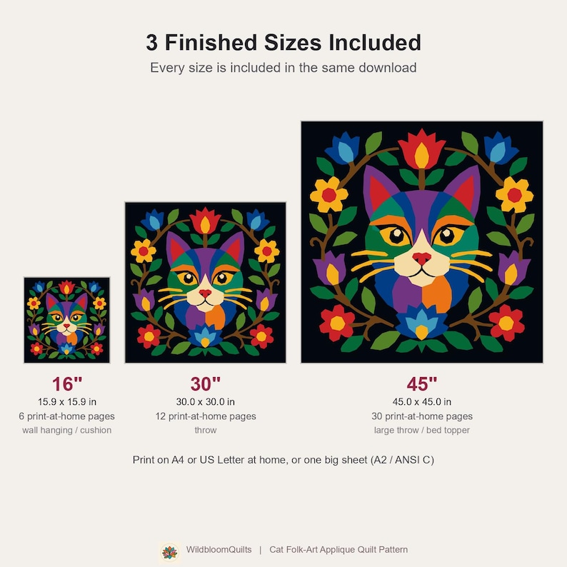 Cat Quilt Pattern, Floral Cat Wall Hanging Quilt Pattern PDF, Easy Applique Quilt for Beginners, Cat Lover Gift, Raw Edge Fusible Applique image 4