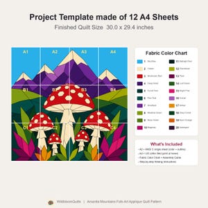 Mushroom Mountain Quilt Pattern, Raw Edge Fusible Applique, Toadstool Quilt Pattern PDF, Patchwork Wall Hanging, Folk Art Quilt Template image 8