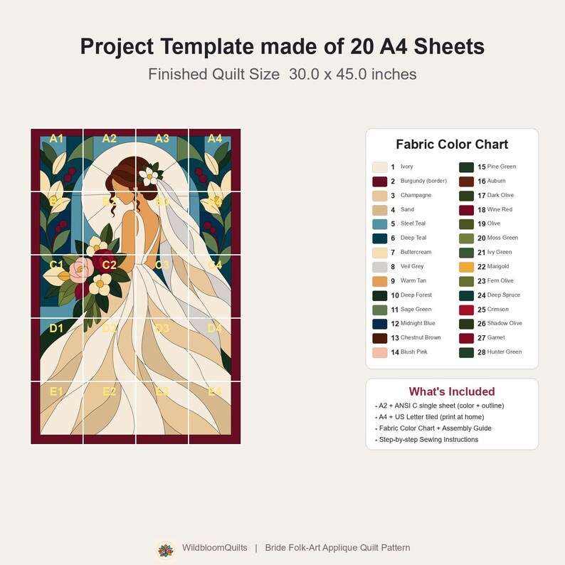 Bride Quilt Pattern, Applique & Collage Quilt, Wedding Quilt Pattern PDF, Patchwork Wall Hanging, Folk Art Quilt Template image 15