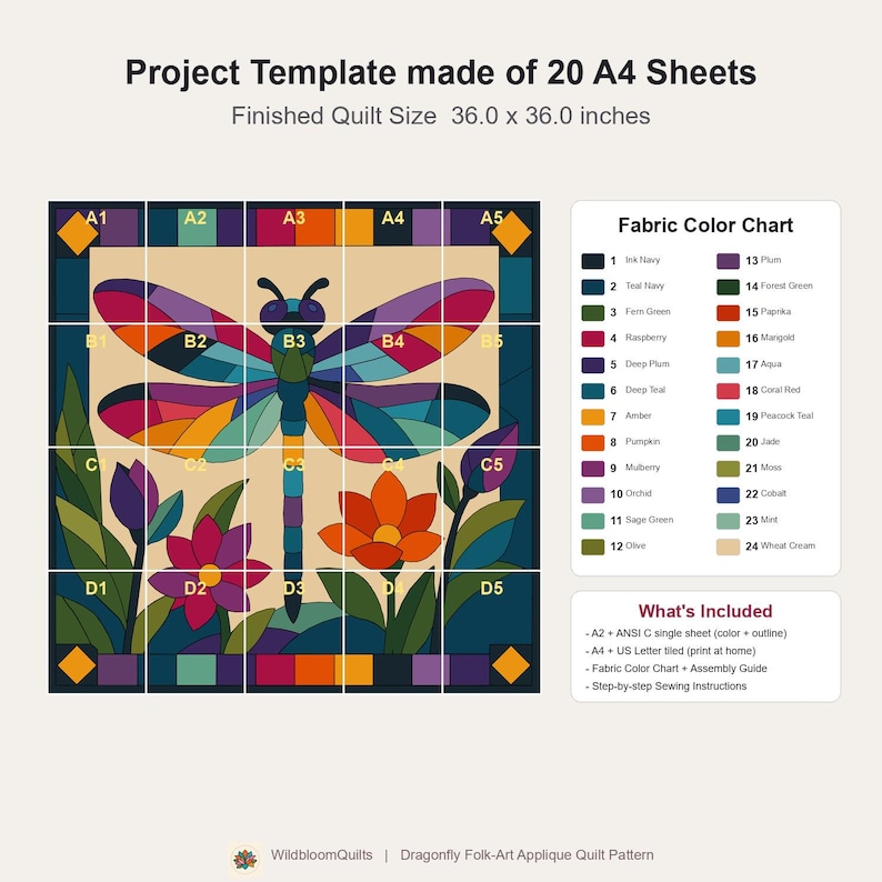 Mönster för trollslända-quilt, applikation med smältbara kanter, quiltmönster i PDF-format, väggbonad med lapptäcke, mall för quilt med folkkonst bild 3