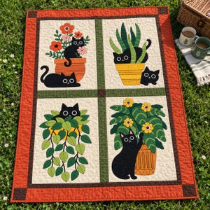 Black Cat Quilt Pattern, Applique & Collage Quilt, Houseplant Cat Quilt PDF, Patchwork Wall Hanging, Folk Art Animal Quilt Template image 14