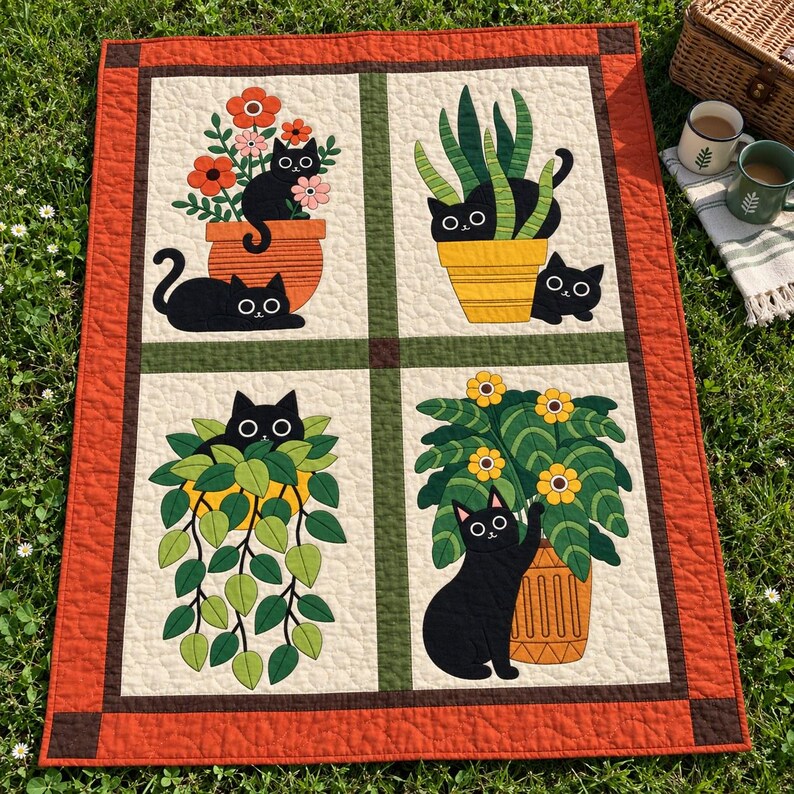 Black Cat Quilt Pattern, Applique & Collage Quilt, Houseplant Cat Quilt PDF, Patchwork Wall Hanging, Folk Art Animal Quilt Template image 14