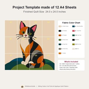 Calico Cat Quilt Pattern, Applique & Collage Quilt, Cat Quilt Pattern PDF, Patchwork Wall Hanging, Folk Art Quilt Template image 16