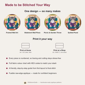 Reading Cat Quilt Pattern, Raw Edge Fusible Applique, Cat Quilt Pattern PDF, Patchwork Wall Hanging, Folk Art Quilt Template image 9