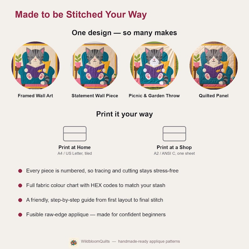 Reading Cat Quilt Pattern, Raw Edge Fusible Applique, Cat Quilt Pattern PDF, Patchwork Wall Hanging, Folk Art Quilt Template image 9