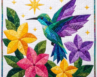 Patrón de colcha de colibrí, PDF de aplique termoadhesivo con borde sin rematar, patrón de colcha de animales, tapiz de patchwork floral, plantilla de colcha de arte popular