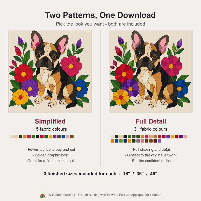French Bulldog Quilt Pattern, Dog Wall Hanging Quilt Pattern PDF, Applique Quilt Pattern, 2 Colourways & 3 Sizes, Raw Edge Fusible Applique image 2