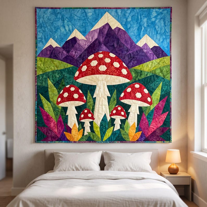 Mushroom Mountain Quilt Pattern, Raw Edge Fusible Applique, Toadstool Quilt Pattern PDF, Patchwork Wall Hanging, Folk Art Quilt Template image 2