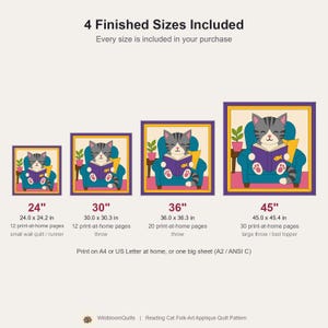 Reading Cat Quilt Pattern, Raw Edge Fusible Applique, Cat Quilt Pattern PDF, Patchwork Wall Hanging, Folk Art Quilt Template image 3