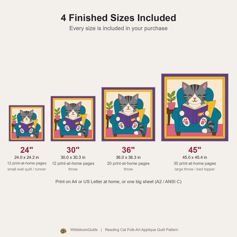 Reading Cat Quilt Pattern, Raw Edge Fusible Applique, Cat Quilt Pattern PDF, Patchwork Wall Hanging, Folk Art Quilt Template image 3