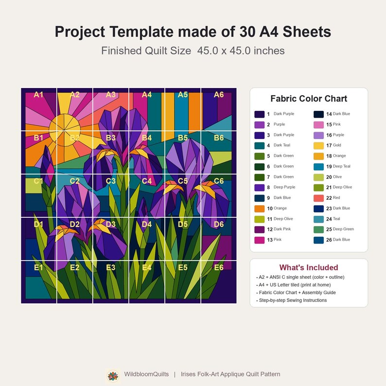 Iris Quilt Pattern, Raw Edge Fusible Applique, Flower Quilt Pattern PDF, Folk Art Wall Hanging, Patchwork Garden Quilt Template image 10