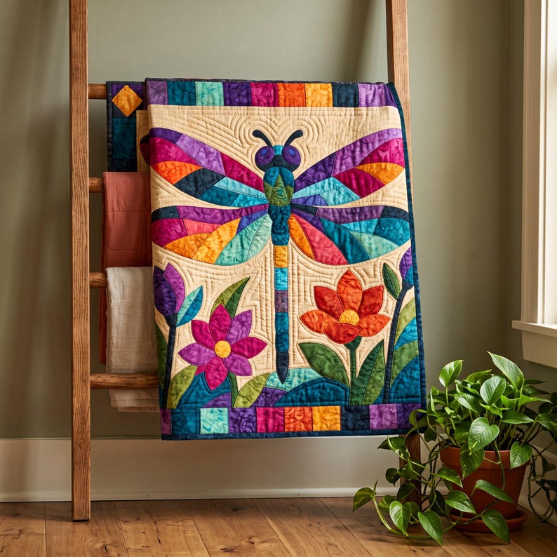 Mönster för trollslända-quilt, applikation med smältbara kanter, quiltmönster i PDF-format, väggbonad med lapptäcke, mall för quilt med folkkonst bild 6