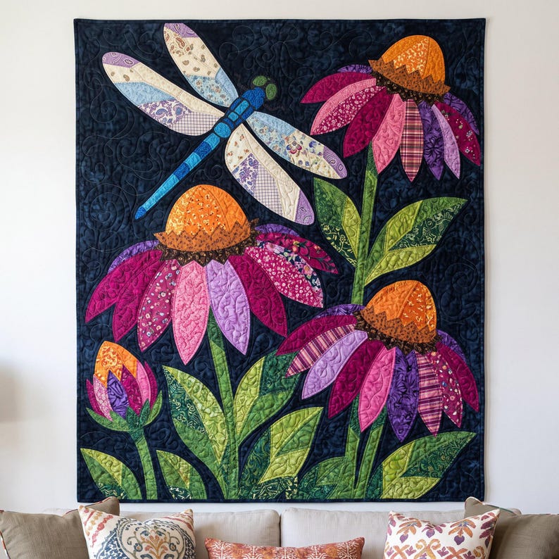 Mönster med trollslända- och solhattblommigt quiltmönster, applikations- och collagequilt i PDF-format, quiltmönster med blommigt djurmönster, applikation med råa kanter och smältbara mönster bild 4