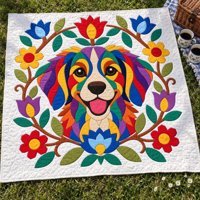 Patrón de edredón Perro Arcoíris, Edredón con apliques y collage, Patrón de edredón de animales en PDF, Tapiz de pared de patchwork, Plantilla de perro de arte popular imagen 13
