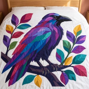 Modèle de courtepointe Corbeau, Appliqué thermocollant à bords francs (PDF), Modèle de courtepointe Oiseau, Décoration murale patchwork, Gabarit de courtepointe animal d'art populaire image 13