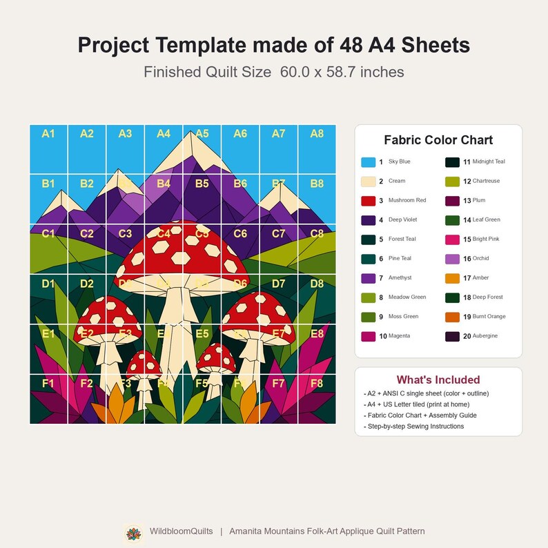 Mushroom Mountain Quilt Pattern, Raw Edge Fusible Applique, Toadstool Quilt Pattern PDF, Patchwork Wall Hanging, Folk Art Quilt Template image 10